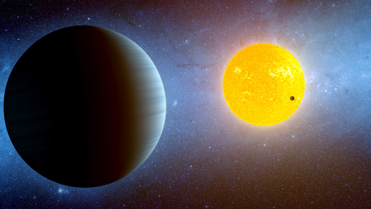 This artist's conception depicts the Kepler-10 star system, located about 560 light-years away near the Cygnus and Lyra constellations. Kepler has discovered two planets around this star. Kepler-10b is, to date, the smallest known rocky exoplanet, or planet outside our solar system (dark spot against yellow sun). This planet, which has a radius of 1.4 times that of Earth's, whips around its star every .8 days. Its discovery was announced in Jan. 2011.