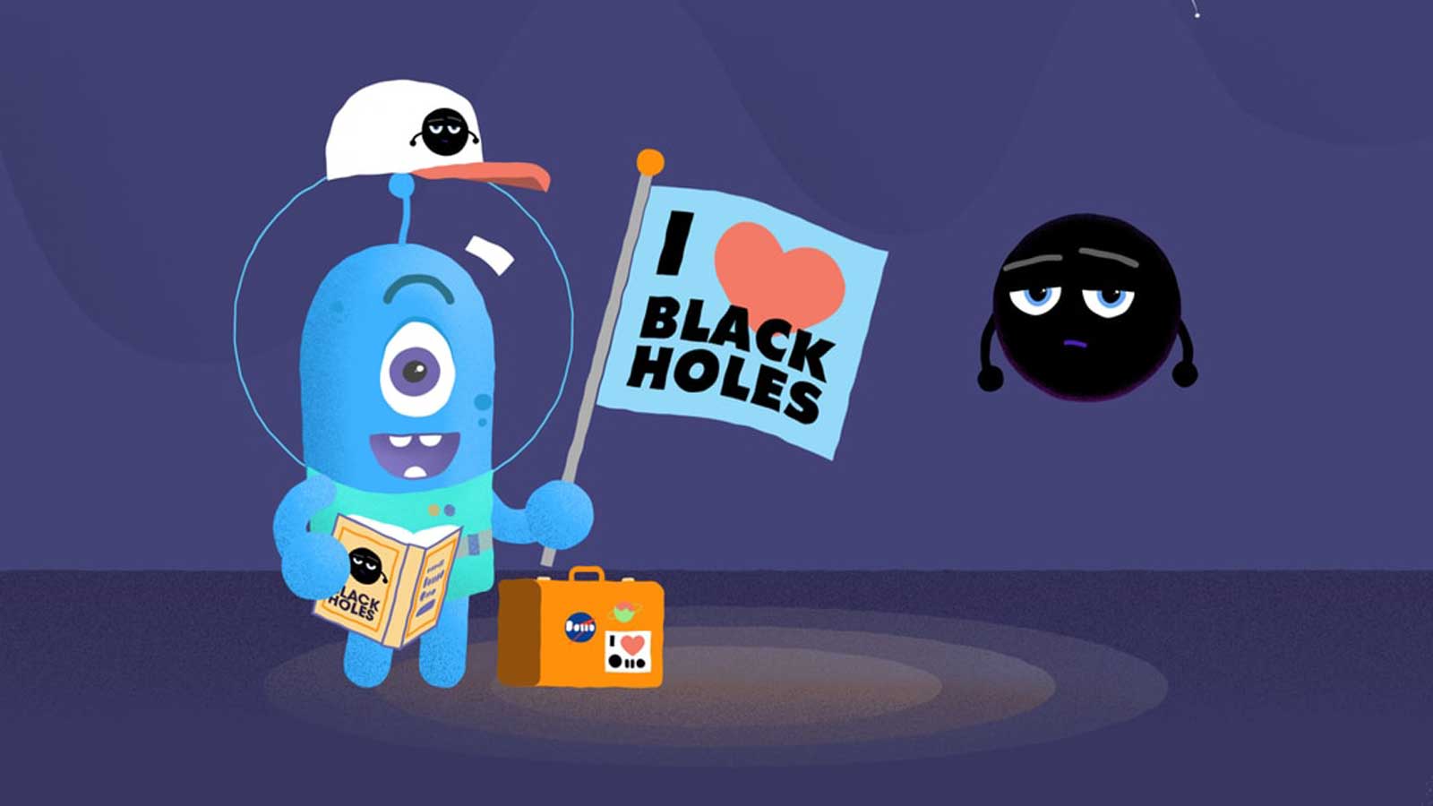 slide 2 - Cartoon of an alien in a spacesuit with a cartoon black hole