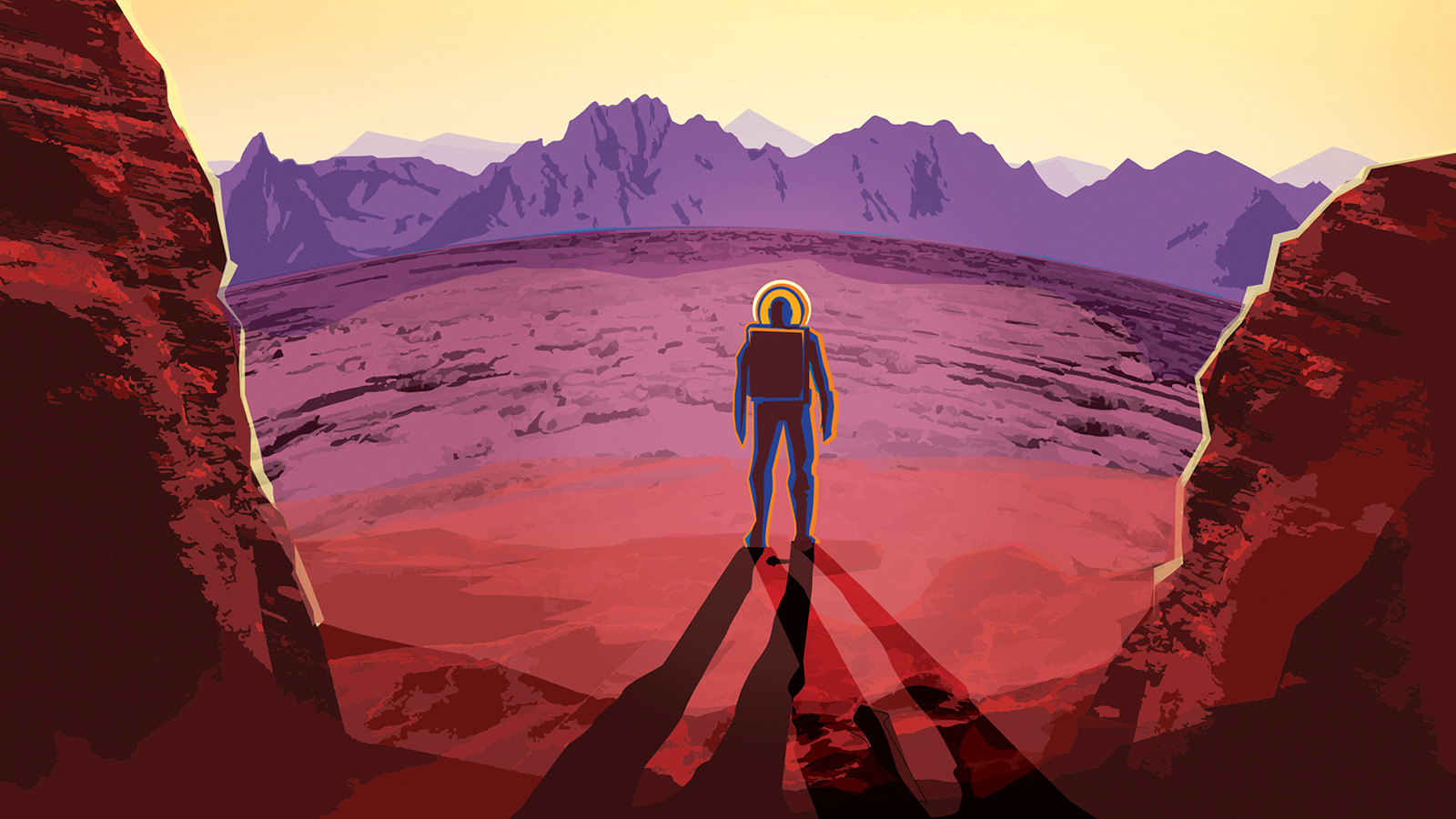slide 1 - A vintage travel poster image with a traveler standing on the surface of a world with two suns.