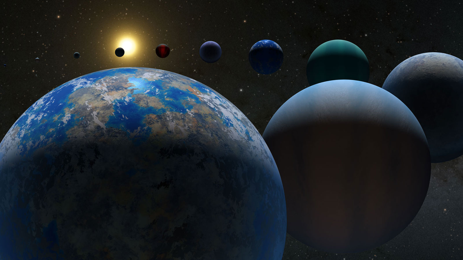 slide 4 - An artist's computer generated illustration shows many different exoplanet types in a sweeping, swirling line with a distant star in the background.
