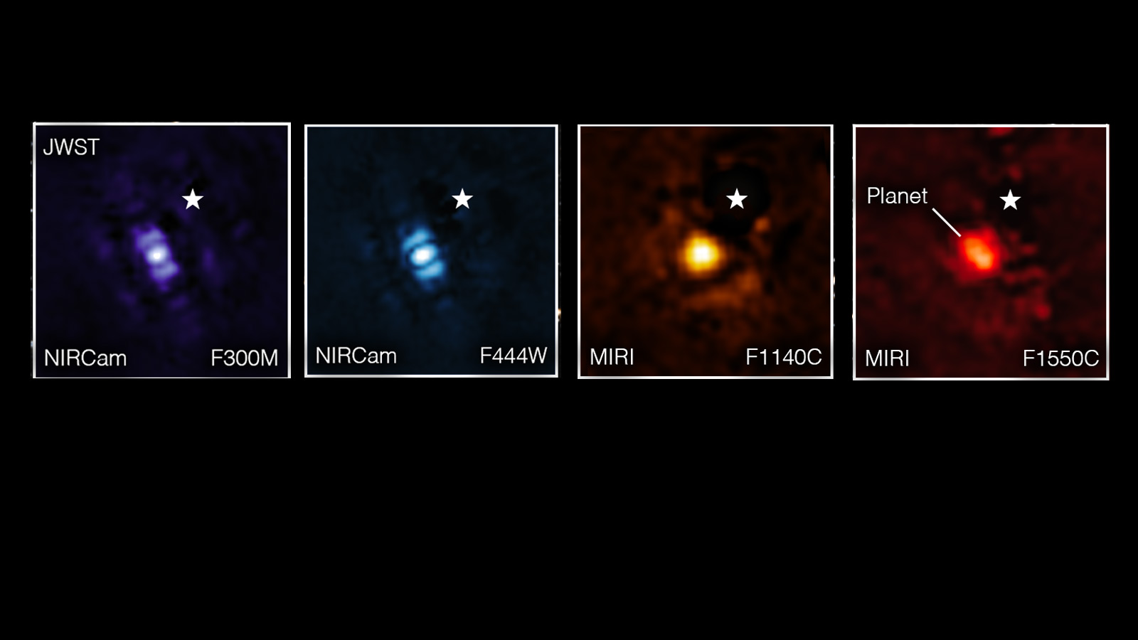 slide 3 - An image composite shows four views of n exoplanet. It looks like a small blob of light in each one, but colored violet, blue, orange and red.