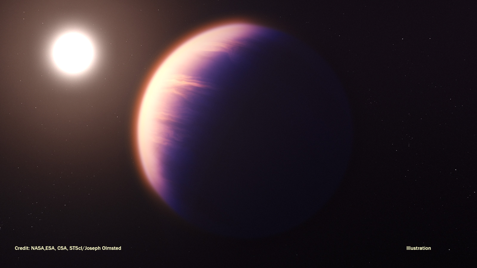 slide 1 - An illustration of an exoplanet shows a hazy, orangish world very close to its nearby star in the black of space.