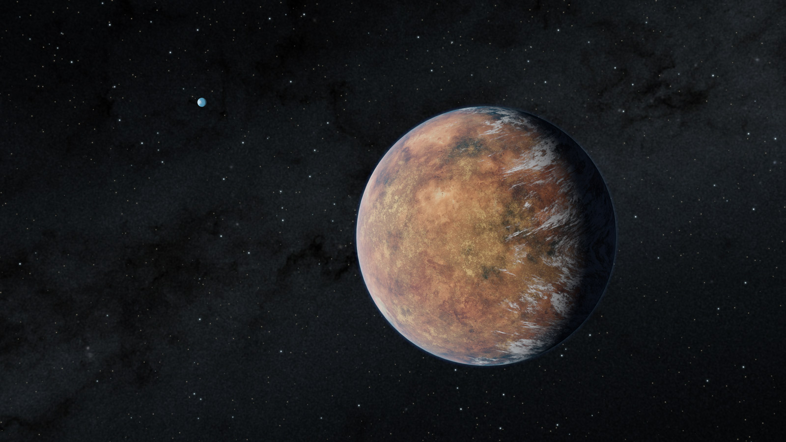 slide 3 - An illustration shows a brownish, rocky exoplanet just right of center. Bright clouds can be seen at the right of the planet, indicating that they could be present on the side of the planet not facing the unseen star. 