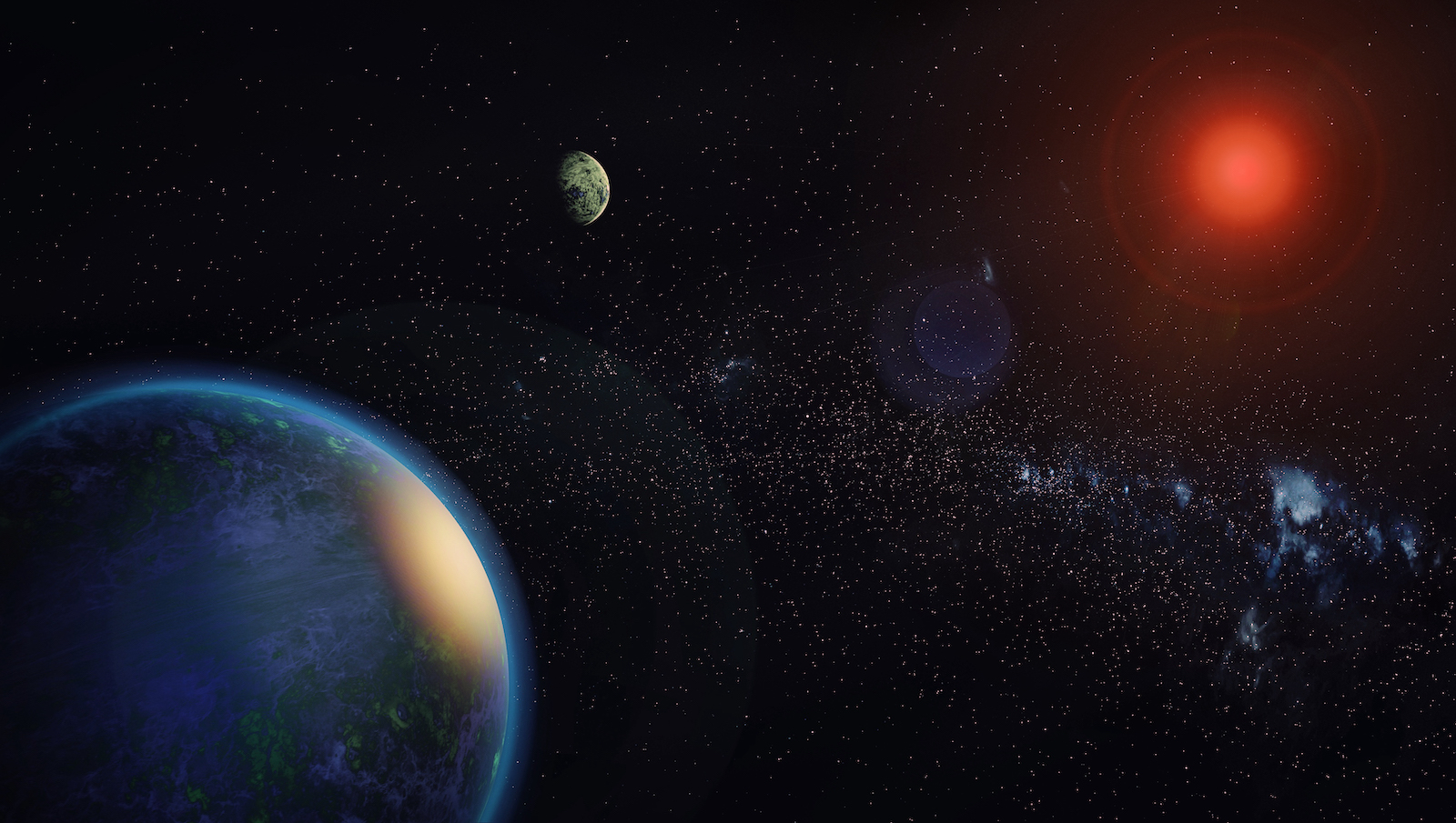 slide 1 - Illustration shows, at left, a large, bluish foreground planet, to its upper right a more distant, mottled, gray-green world, and opposite that, at the upper right, a red-tinged host star. We see a spray of background stars in the lower right.