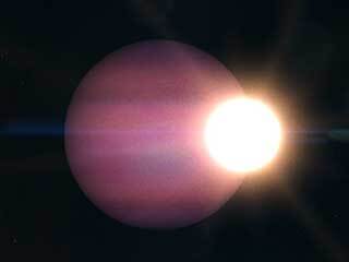 A large pink exoplanet is seen right next to a much smaller star with white light in an illustration.