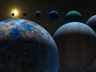 Illustration of exoplanets showing a winding line of planets coming into focus with a star in the background.