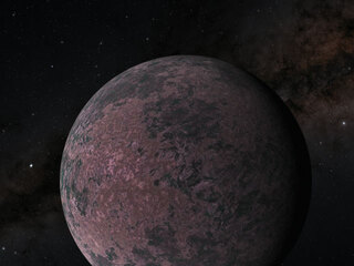 Illustration of the terrestrial super-Earth GJ 1252 b, which lies approximately 65 light-years from Earth. Against a dark galactic background, the planet is a sphere with dull red and gray patches of color.
