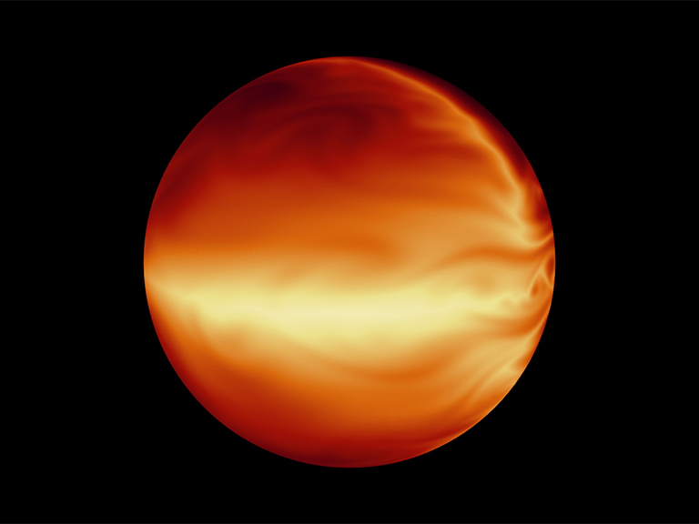 The turbulent atmosphere of a hot, gaseous planet known as HD 80606b is shown in this simulation based on data from NASA's Spitzer Space Telescope. Credit: NASA/JPL-Caltech/MIT/Principia College