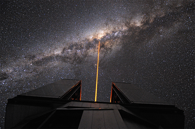 The European Southern Observatory's Very Large Telescope Laser Guide Star into the turbulent heart of the Milky Way. To find distant and dark planets between Earth and the center of the galaxy, the Kepler space telescope will work with observatories all over the globe, using a technique called microlensing. Credit: ESO/G. Hüdepohl