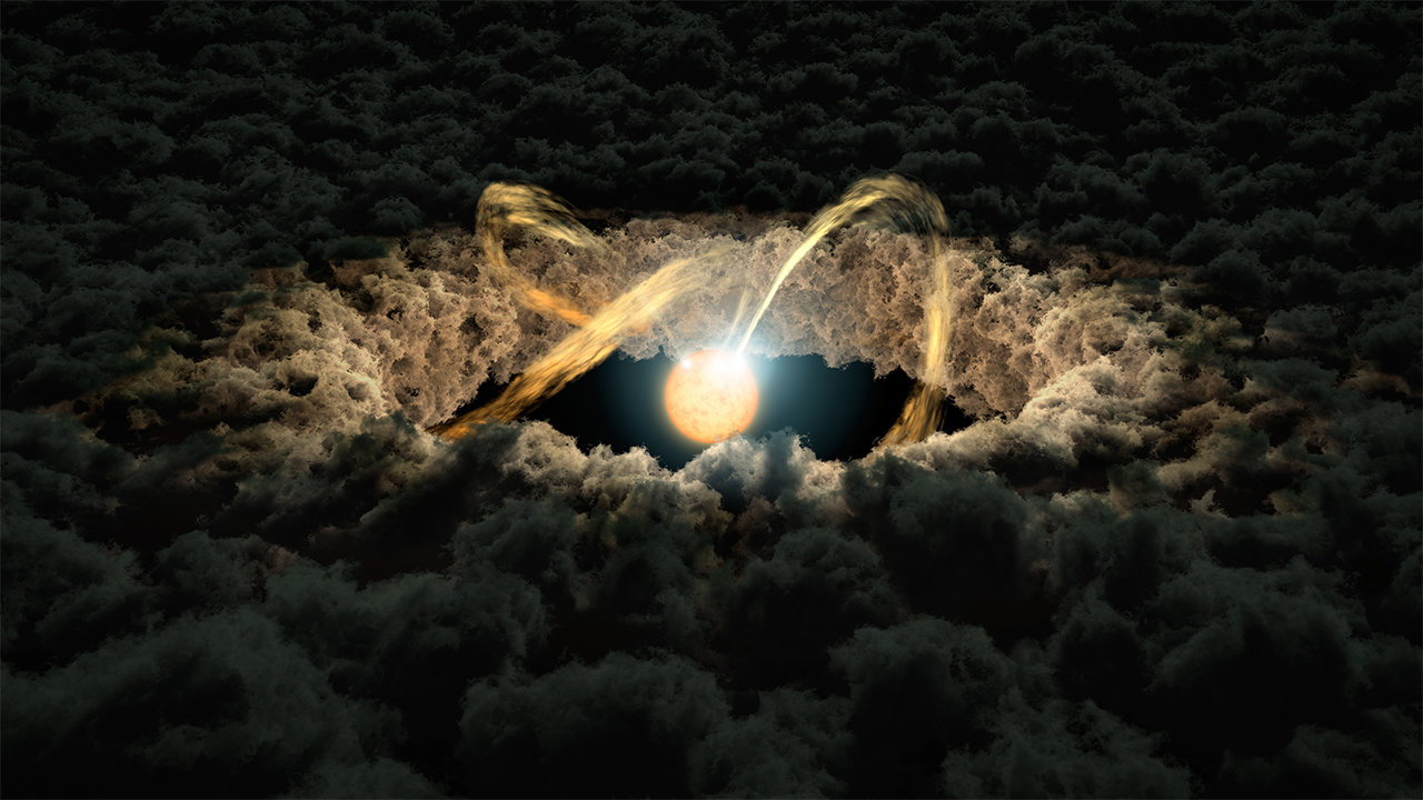 This illustration shows a star surrounded by a protoplanetary disk. Material from the thick disk flows along the star’s magnetic field lines and is deposited onto the star’s surface. When material hits the star, it lights up brightly. Credit: NASA/JPL-Caltech