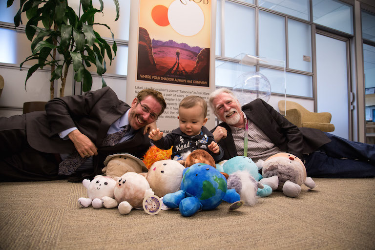 Exoplanet Exploration Program Manager Gary Blackwood, left, with "Baby Kepler" Cloutier and Steve Howell, the former NASA Kepler Space Telescope project scientist.