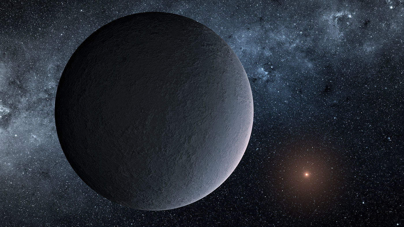 Illustration of a dark planet with faint star in the distance.