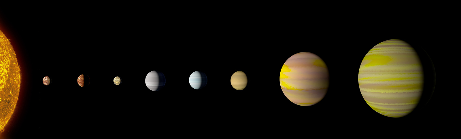 Illustration of eight planets orbiting their star.
