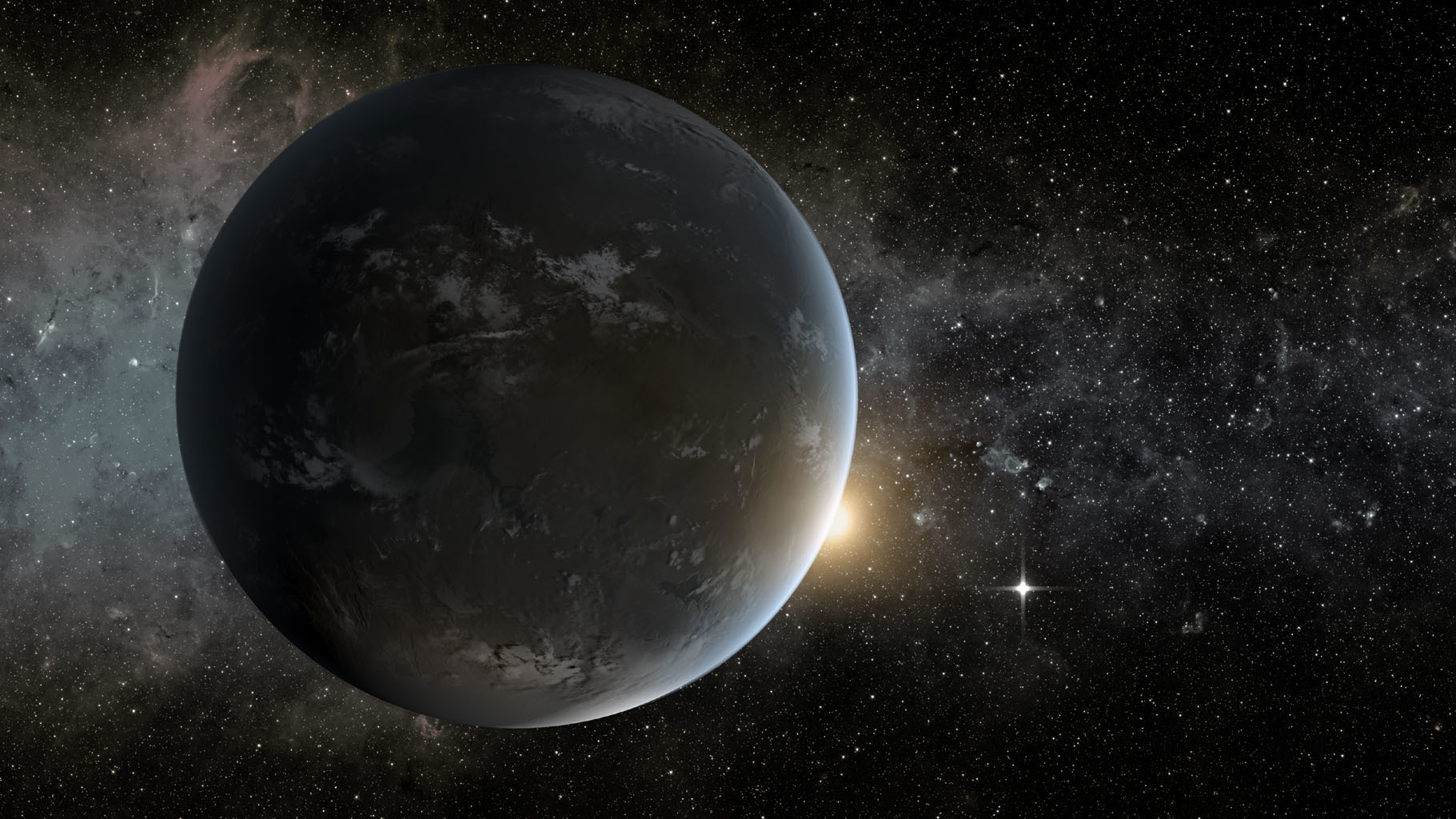 Illustration of a grey planet with a star.