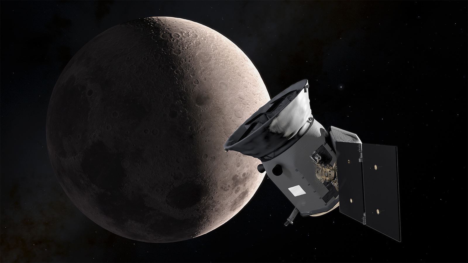 An illustration of TESS and the Moon.