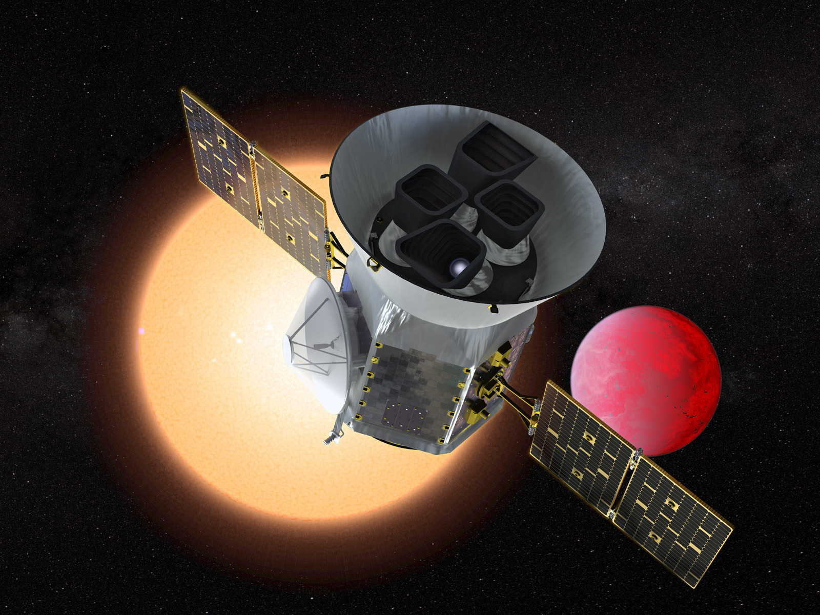 Illustration of spacecraft, distant star and lava planet.