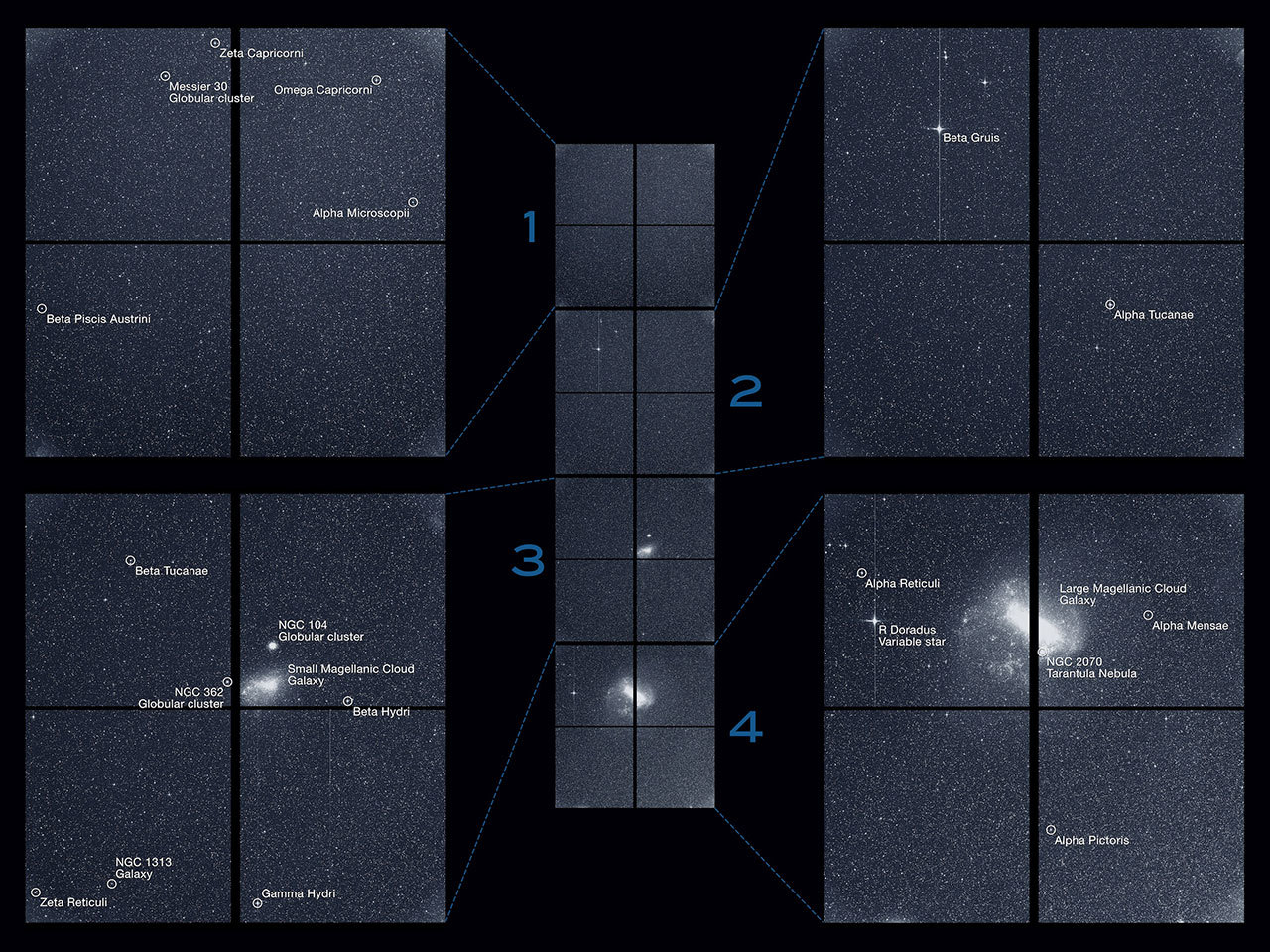 A black and white image of a strip of images from four cameras showing fields of stars and a Magellanic Clouds in the black of space.