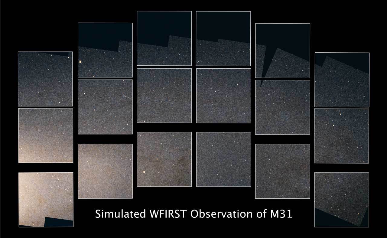 A simulated view of the Andromeda Galaxy is seen with squares revealing the  Field of View from the upcoming WFIRST space telescope.