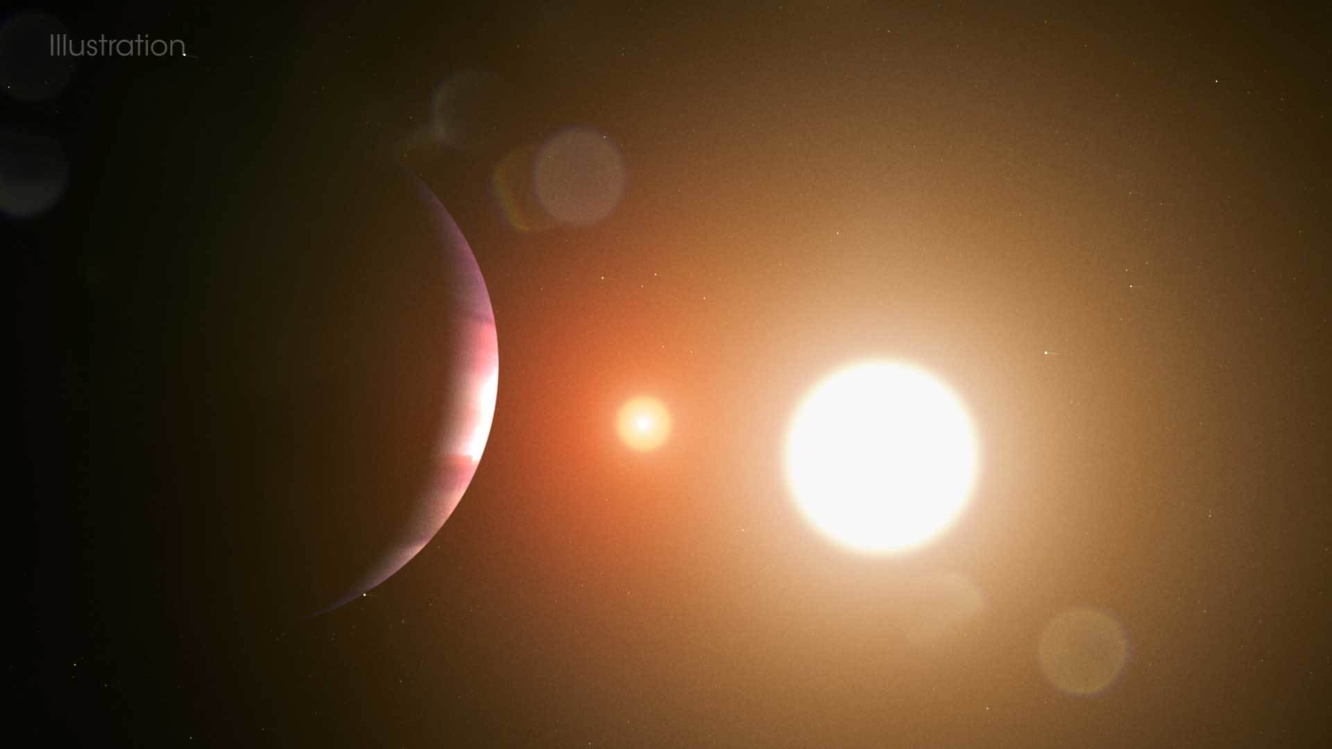 A large exoplanet is seen in an artist's illustration orbiting two stars.