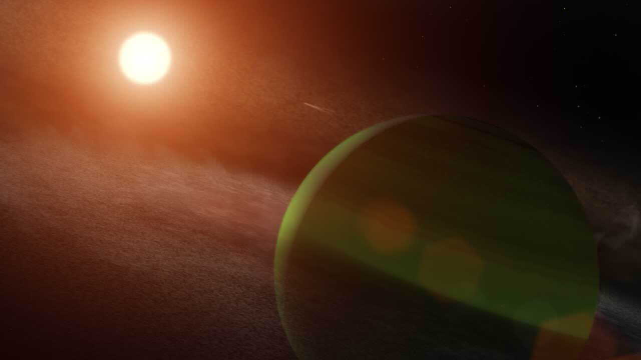 A fiery, flaring star is shown in an artist's rendering blasting a greenish exoplanet in a planetary disk.