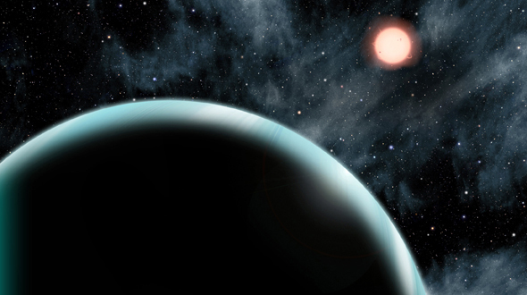 This artist's conception shows the Uranus-sized exoplanet Kepler-421b, which orbits an orange, type K star about 1,000 light-years from Earth. Kepler-421b is the transiting exoplanet with the longest known year, circling its star once every 704 days. It is located beyond the "snow line" – the dividing line between rocky and gaseous planets – and might have formed in place rather than migrating from a different orbit. Credit: David A. Aguilar (CfA)