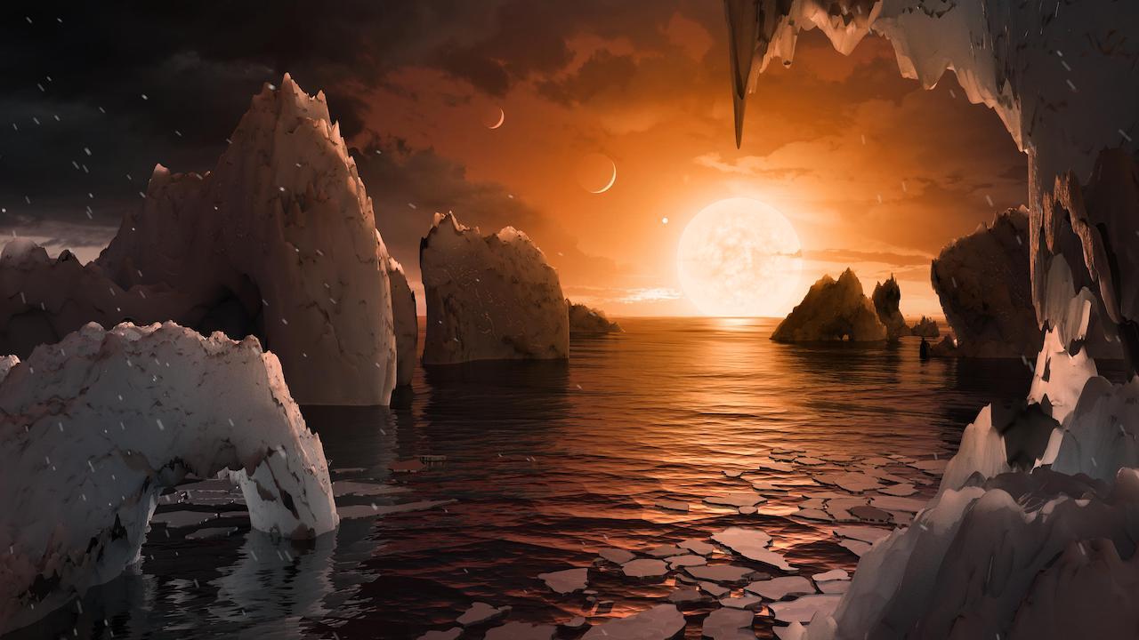 Artist's rendering of the surface of TRAPPIST-1f, a potentially habitable exoplanet some 40 light-years away.