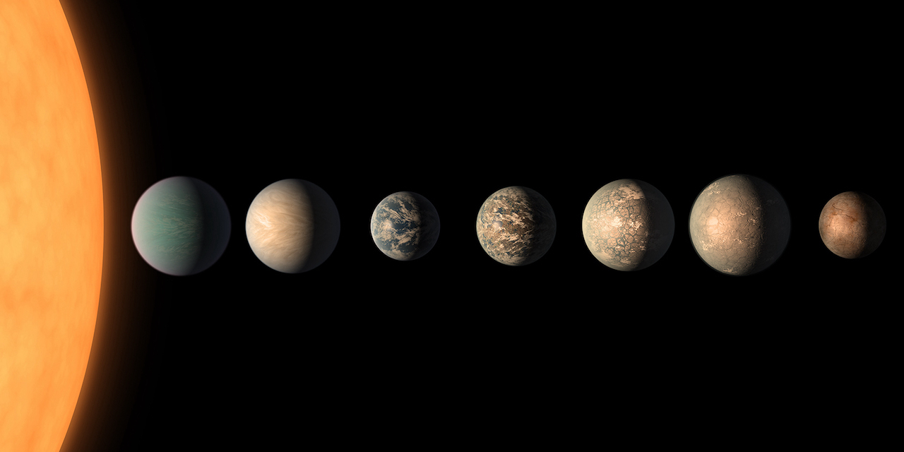 Artist's rendering of seven TRAPPIST-1 planets.
