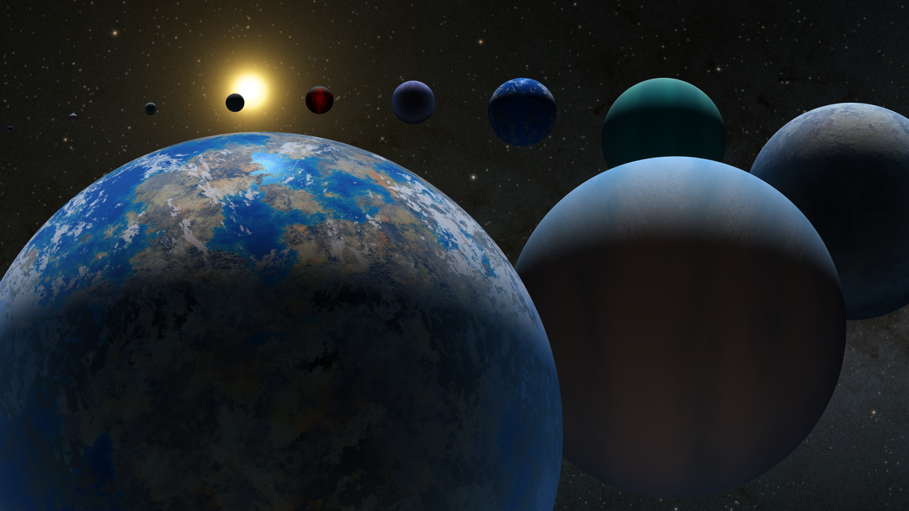 Illustration of exoplanets showing a winding line of planets coming into focus with a star in the background.