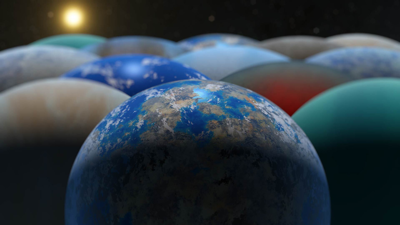 An artist's illustration shows many different exoplanets in many colors grouped together with a distant star behind them. They look like colorful pool balls gathered in space.