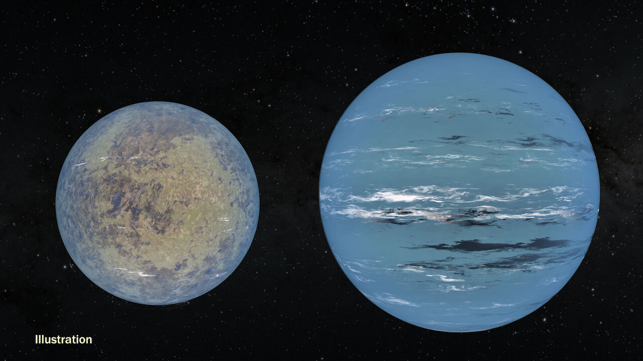 Side-by-side views of a super-Earth, a category that could include rocky planets larger than our own, and a mini-Neptune, a gaseous world similar to, but smaller than, our own Neptune.