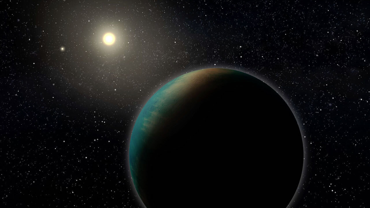 Artist's concept of a super-Earth, TOI 1452 b, as it might look from space if it were covered in a deep ocean.
