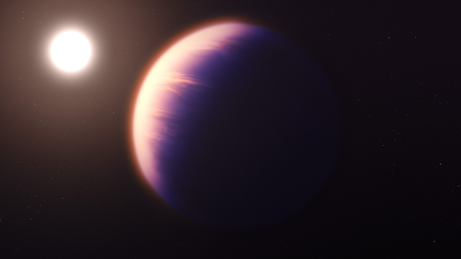 An illustration shows a gas giant exoplanet close to its yellow star in the black of space. The planet is yellowish and covered in cloud layers.