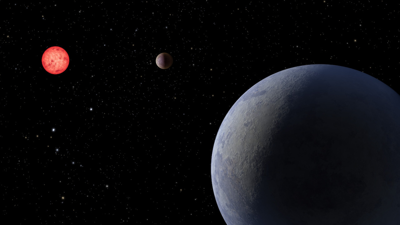 Illustration showing a super-Earth, LP 890-9 c, in the foreground, its sister planet LP 890-9 b farther away, both orbiting a red-dwarf star.
