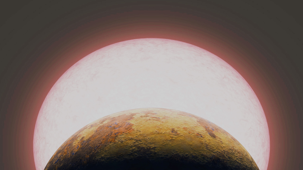 Illustration of the top portion of a rocky "super-Earth" in the foreground, orbiting its star so tightly that the star itself looms behind and above the planet in a bright crescent, the star's reddish corona visible.
