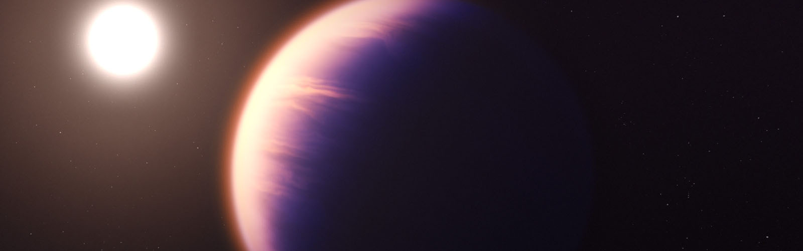An illustration shows an orangish exoplanet with its star very nearby and to the left. The gas giant planet has a gauzy looking atmosphere.