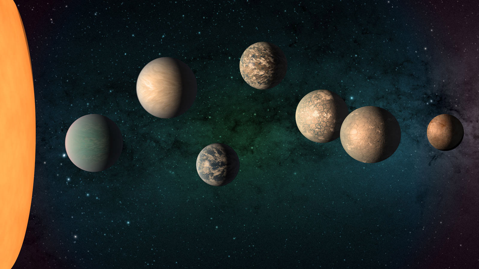The TRAPPIST-1 star, an M dwarf, is seen to the left of its seven planets. It is glowing red, while the planets are about the same sizes, but their colors and surface features differ.