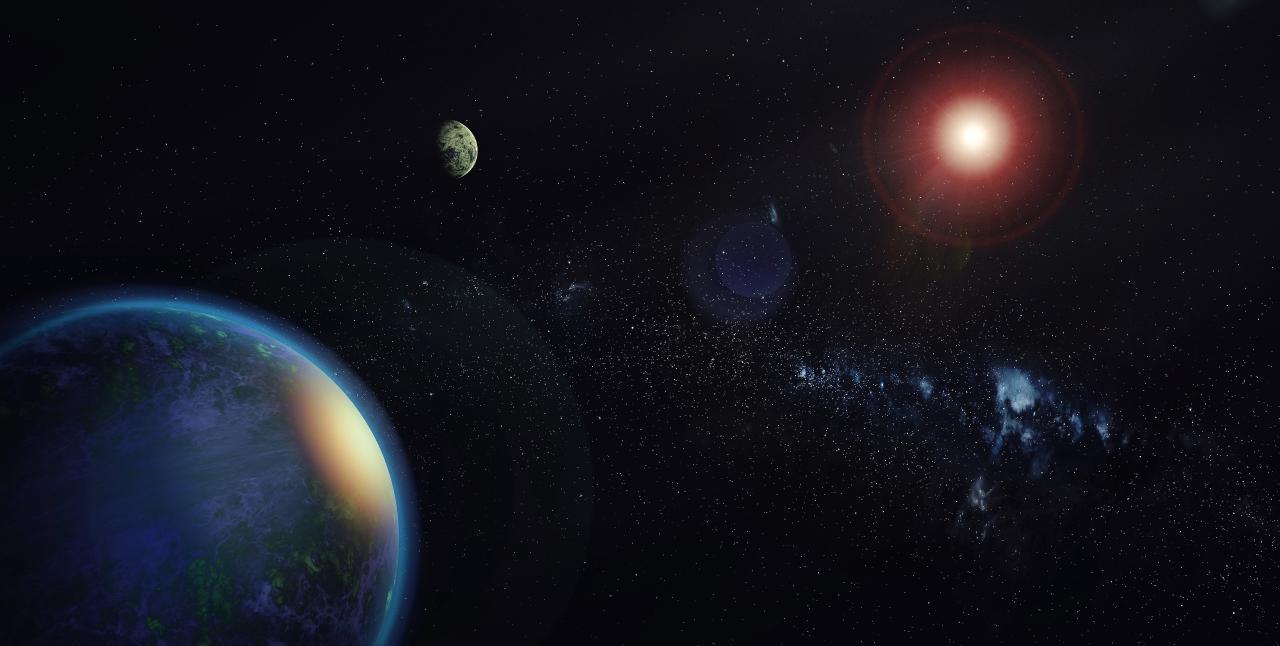Illustration shows, at left, a large, bluish foreground planet, to its upper right a more distant, mottled, gray-green world, and opposite that, at the upper right, a red-tinged host star. We see a spray of background stars in the lower right.