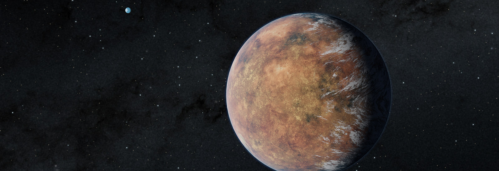 An illustration shows a brownish, rocky exoplanet just right of center. Bright clouds can be seen at the right of the planet, indicating that they could be present on the side of the planet not facing the unseen star. Newly discovered Earth-size planet TOI 700 e orbits within the habitable zone of its star in this illustration. Its Earth-size sibling, TOI 700 d, can be seen in the distance in dark, star-filled space. 