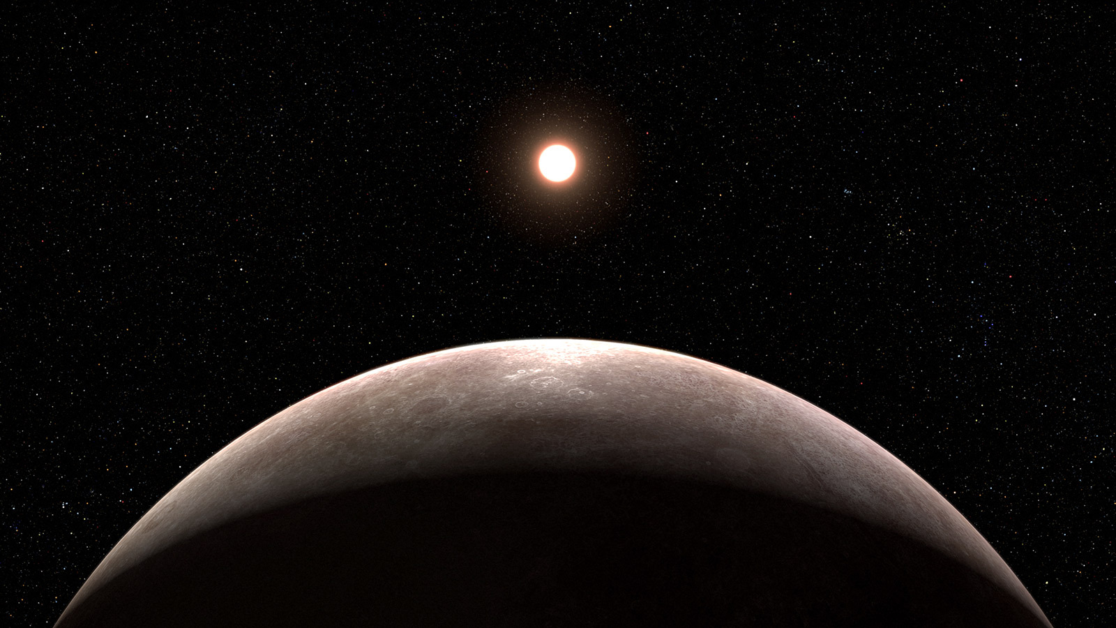 An illustration of an exoplanet is seen in the foreground in front of its bright star, above. The background is filled with stars against the black of space.