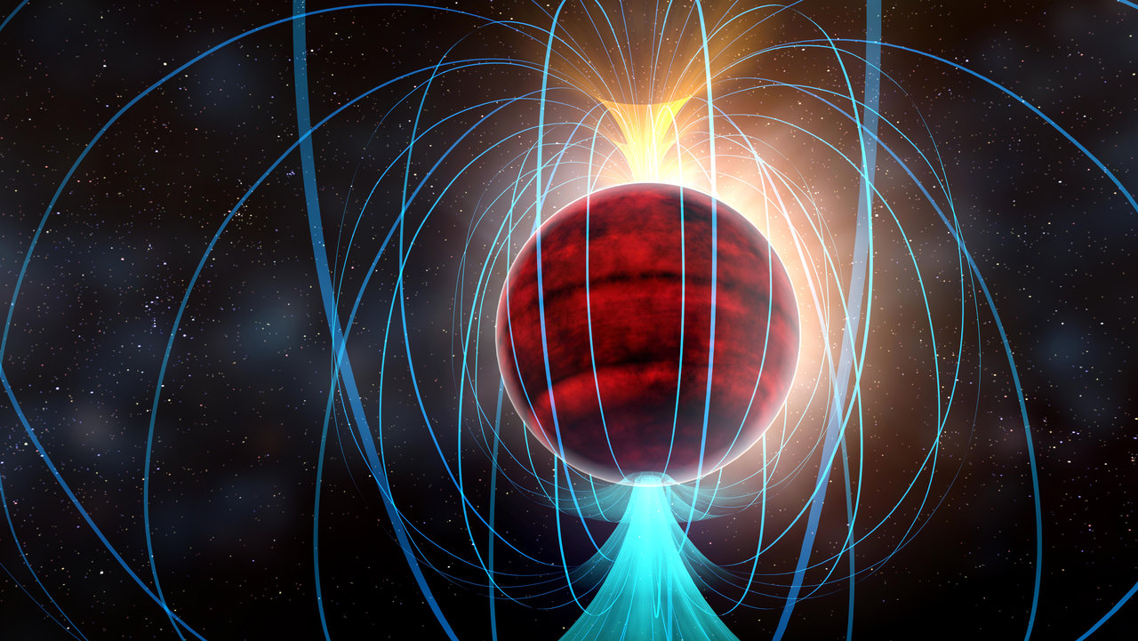 An artist's impression of the red dwarf star TVLM 513-46546. ALMA observations suggest that it has an amazingly powerful magnetic field (shown by the blue lines), potentially associated with a flurry of solar-flare-like eruptions. Image credit: NRAO/AUI/NSF; Dana Berry / SkyWorks