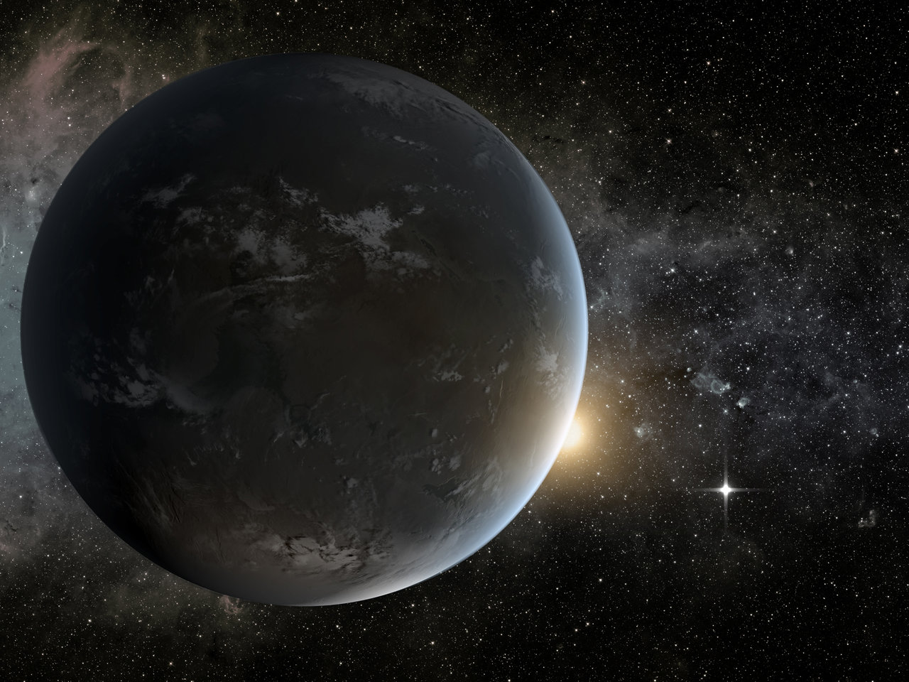 An artist's conception of Kepler-62f, a super-Earth-sized planet that orbits a star smaller and cooler than the sun, located about 1,200 light-years from Earth in the constellation Lyra. The small shining object seen to the right of Kepler-62f is Kepler-62e, which is roughly 60 percent larger than Earth. Image credit: NASA Ames/JPL-Caltech/Tim Pyle