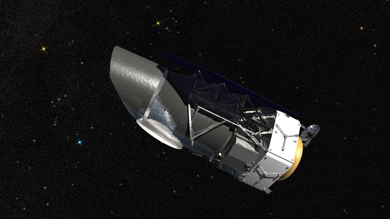 WFIRST, the Wide Field Infrared Survey Telescope, is shown here in an artist's rendering. It will carry a Wide Field Instrument to provide astronomers with Hubble-quality images covering large swaths of the sky, and enabling several studies of cosmic evolution. Image credit: NASA/Goddard Space Flight Center/Conceptual Image Lab
