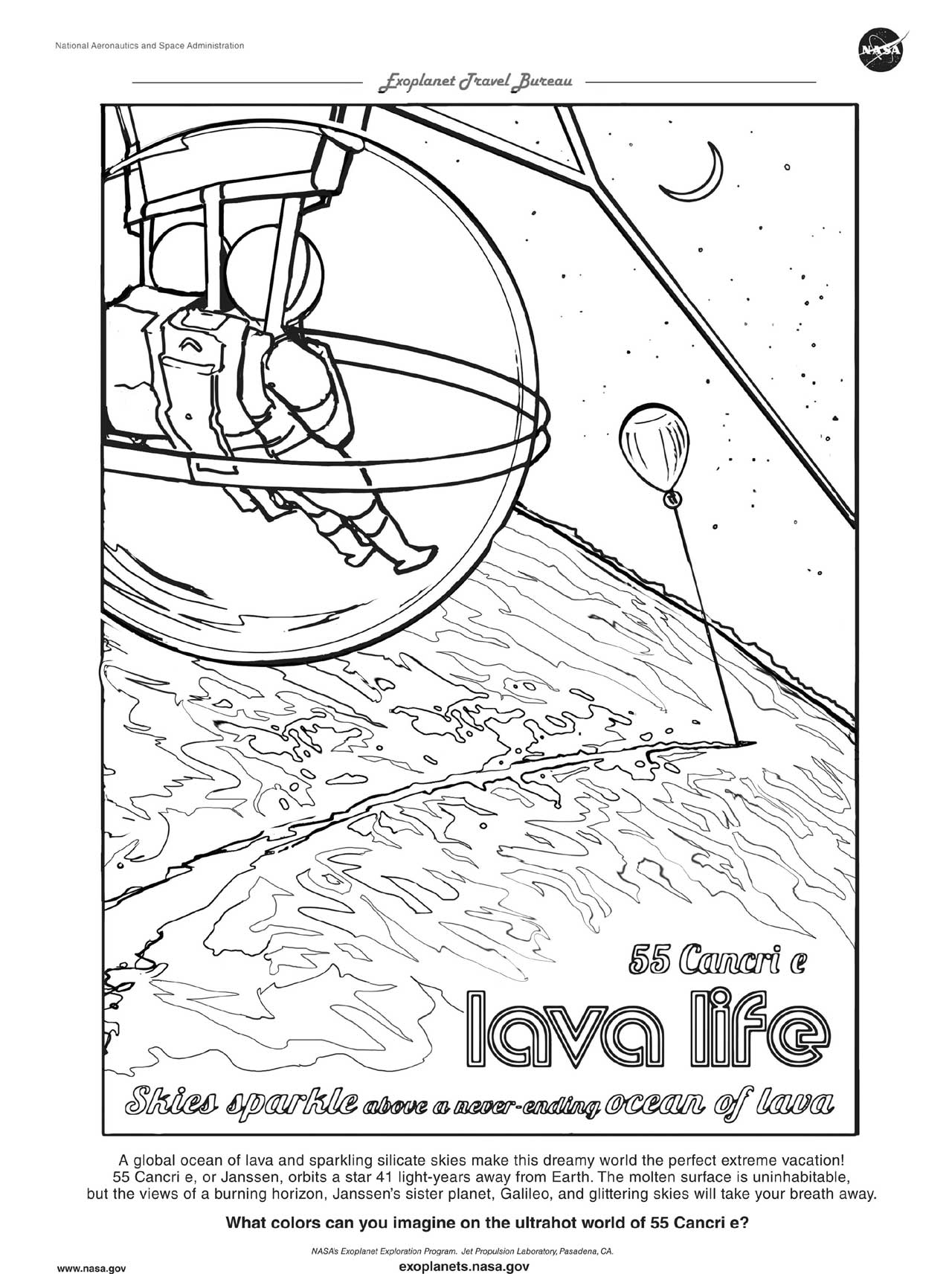 A coloring page for the exoplanet 55 Cancri e shows future visitors to the lava world in a bubble floating over an ocean of lava.
