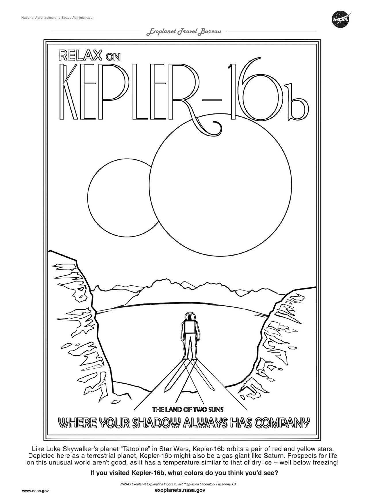 If you visited Kepler-16b, what colors do you think you’d see? Download the coloring page based on our Exoplanet Travel Bureau poster for the world with two suns.