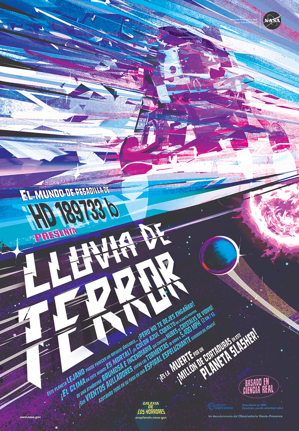 A poster done in the style of a vintage poster for a horror movie. Reading "Rains of Terror" It's death by a million cuts on this slasher planet. Jagged edges of glass can be seen battering a spacecraft on this alien world.