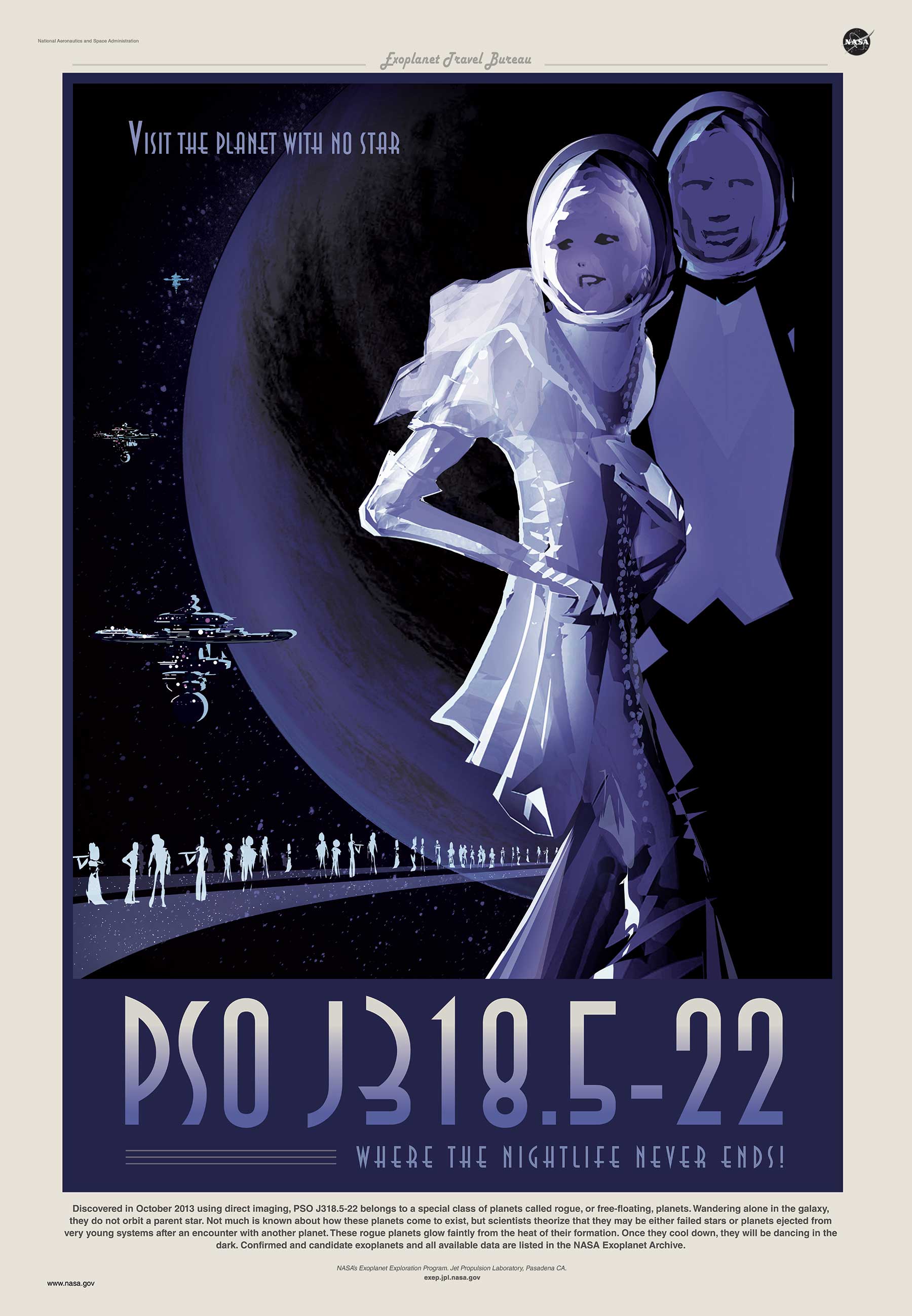 Travel poster showing darkly lit couples dancing on a space habitat near a rogue planet